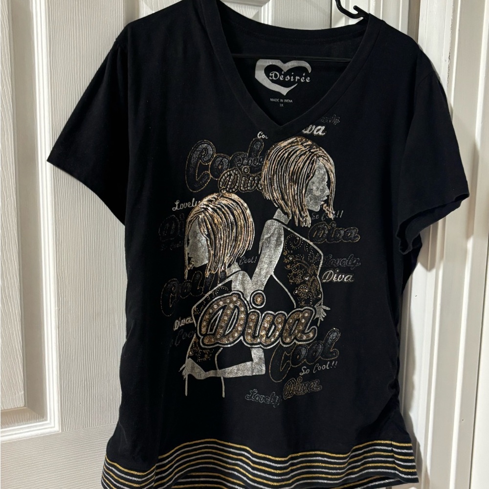Black Graphic Tee Plus Size with Diva Design 3XL 100% Cotton Y2K style